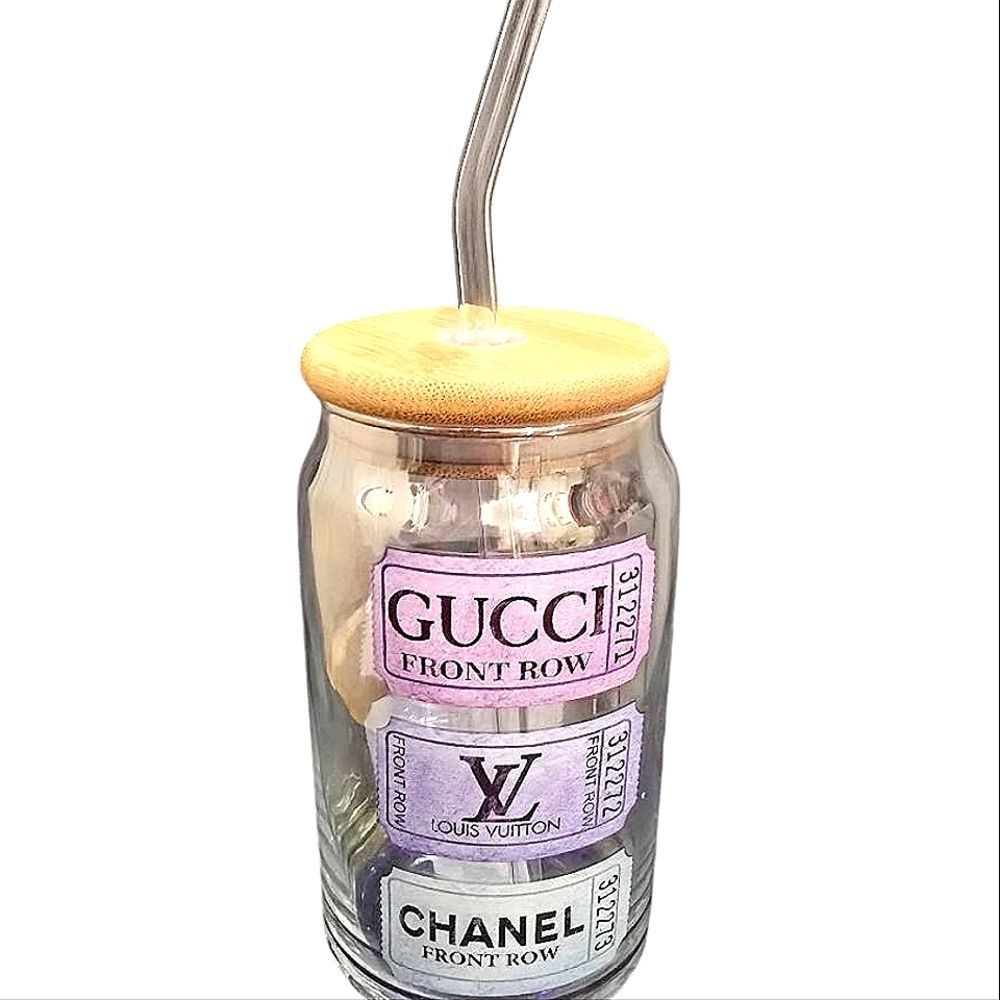 Amanda Greenwood Gucci, Louis, & Chanel Wrapped Print Glass Cup w/Straw